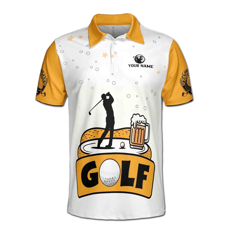 Custom Name Golf Polo Shirt Silhouette Beer Design Golf Player on Back Men's Polo
