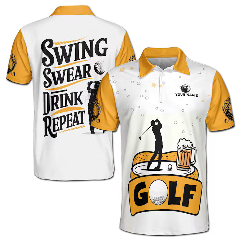 Custom Name Golf Polo Shirt Silhouette Beer Design Golf Player on Back Men's Polo