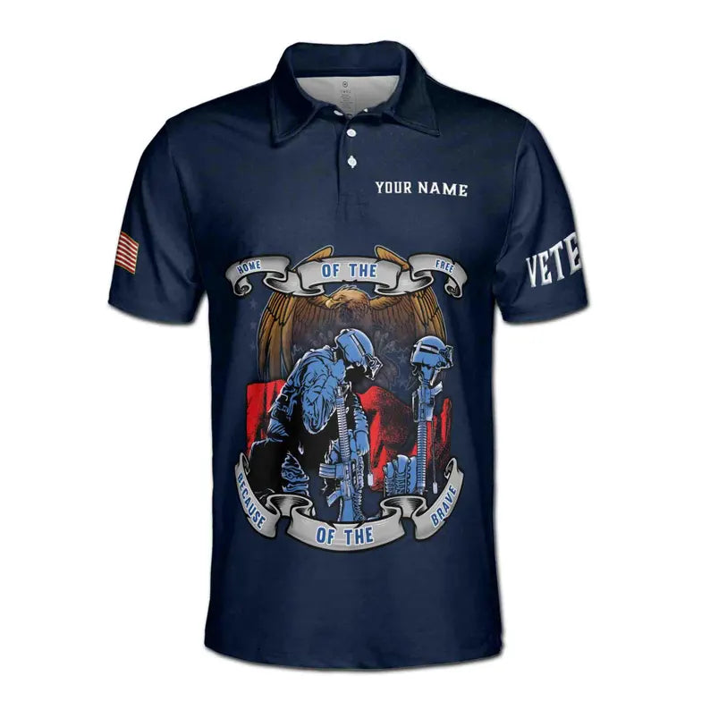Custom Name Veteran Soldier Home of the Free Brave Design Men's Polo
