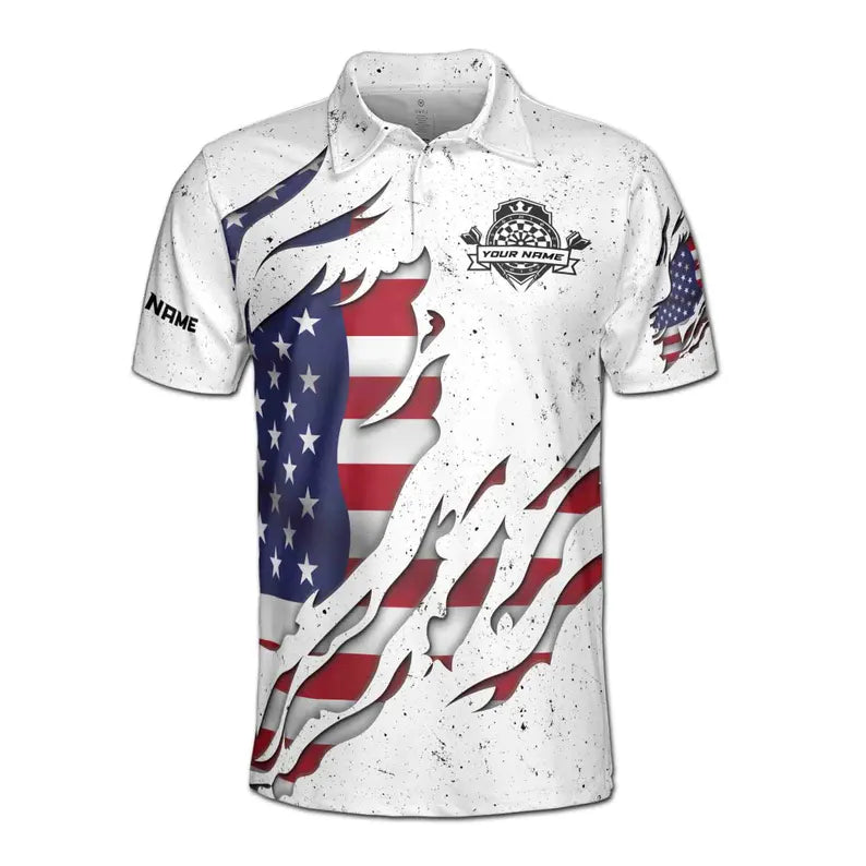 Customize Name Darts Board USA Flag White 3D Men's Polo Shirt