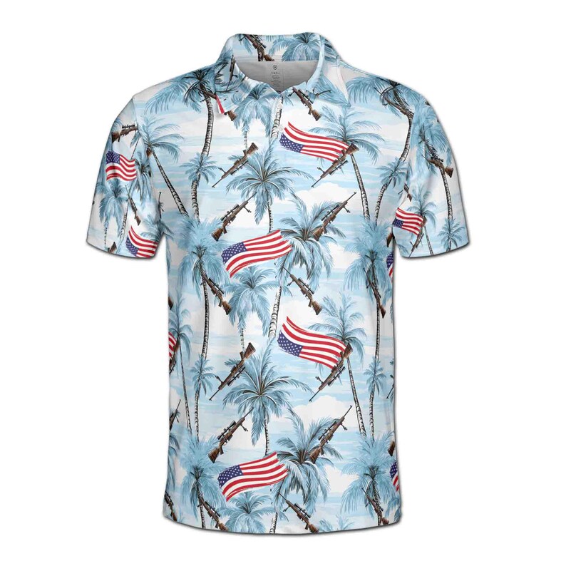 Gun Palm Tree USA Flag Blue 3D Men's Polo Shirt