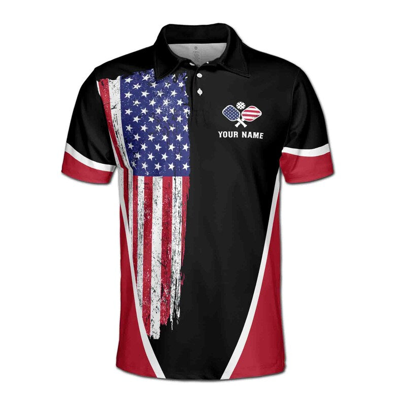 Customize Name Pickleball Paddle USA Flag Black Red 3D Men's Polo Shirt