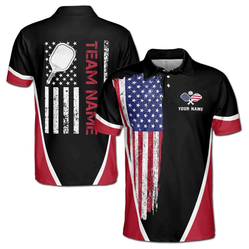 Customize Name Pickleball Paddle USA Flag Black Red 3D Men's Polo Shirt