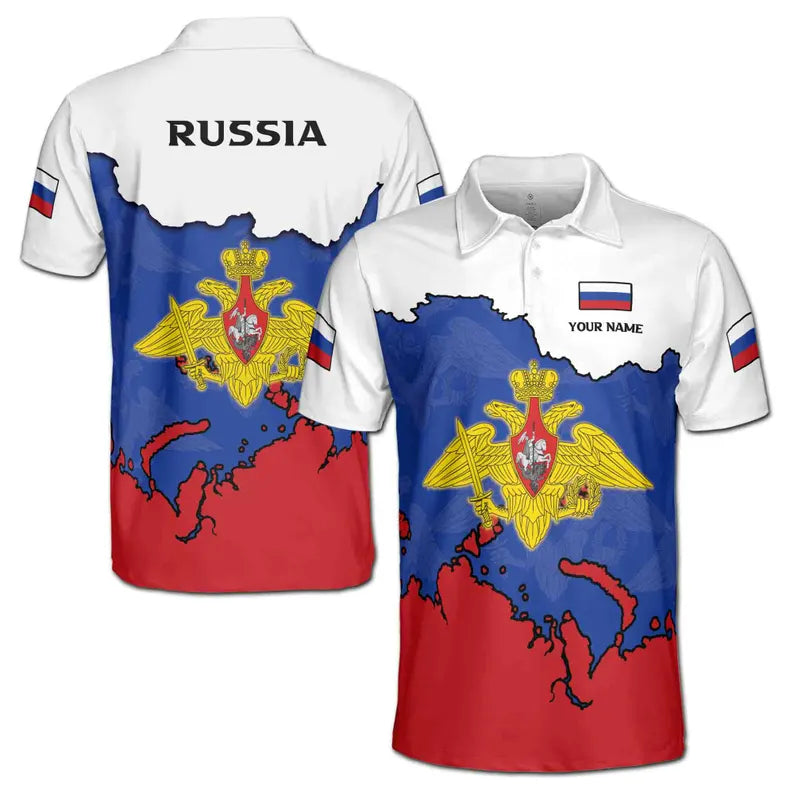 Customize Name Russia Flag Coat of Arms White Blue Red 3D Men's Polo Shirt
