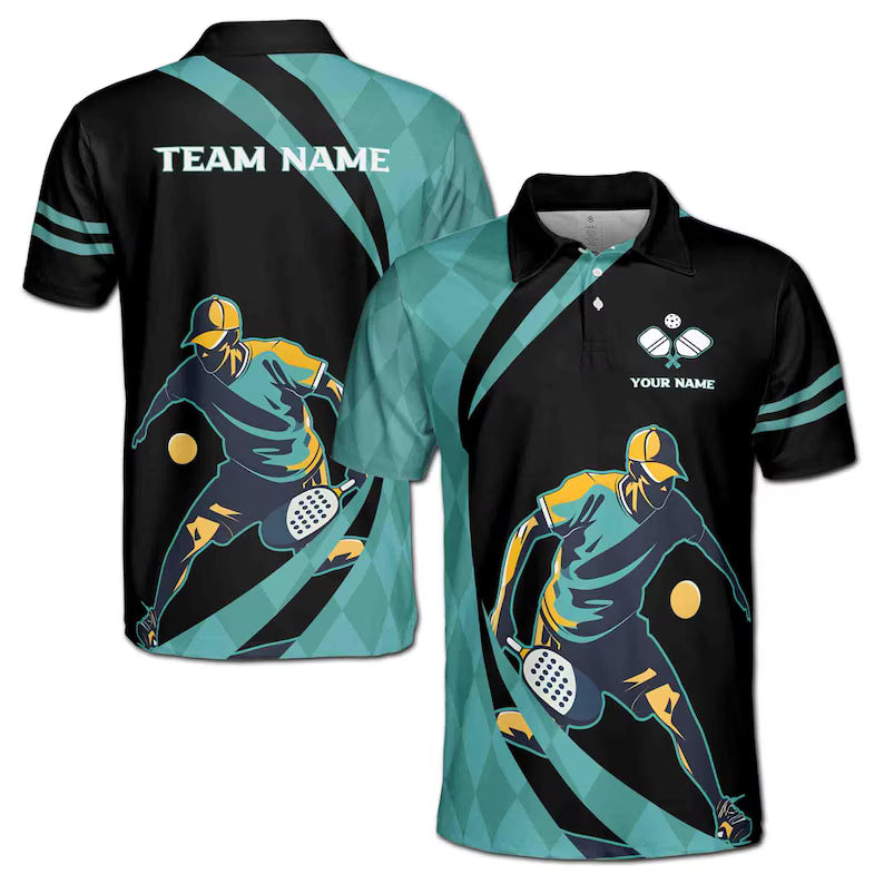 Customize Name Pickleball Paddle Player Black Teal 3D Men's Polo Shirt