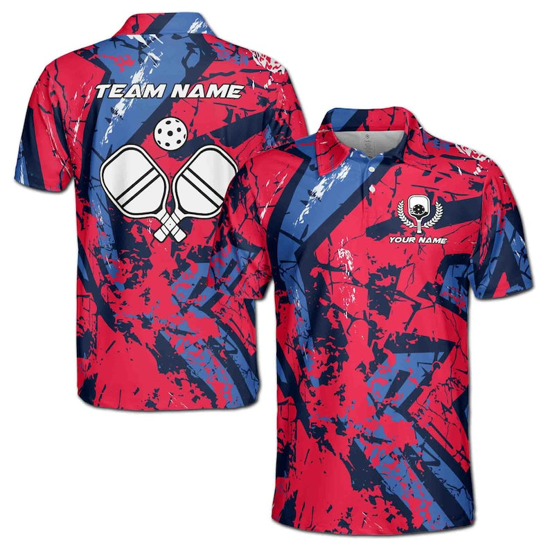 Customize Name Pickleball Paddle Olive Wreath Grunge Red Blue 3D Men's Polo Shirt