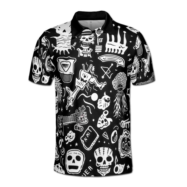 Funny Skull Punk Stuff Black White 3D Polo Shirt