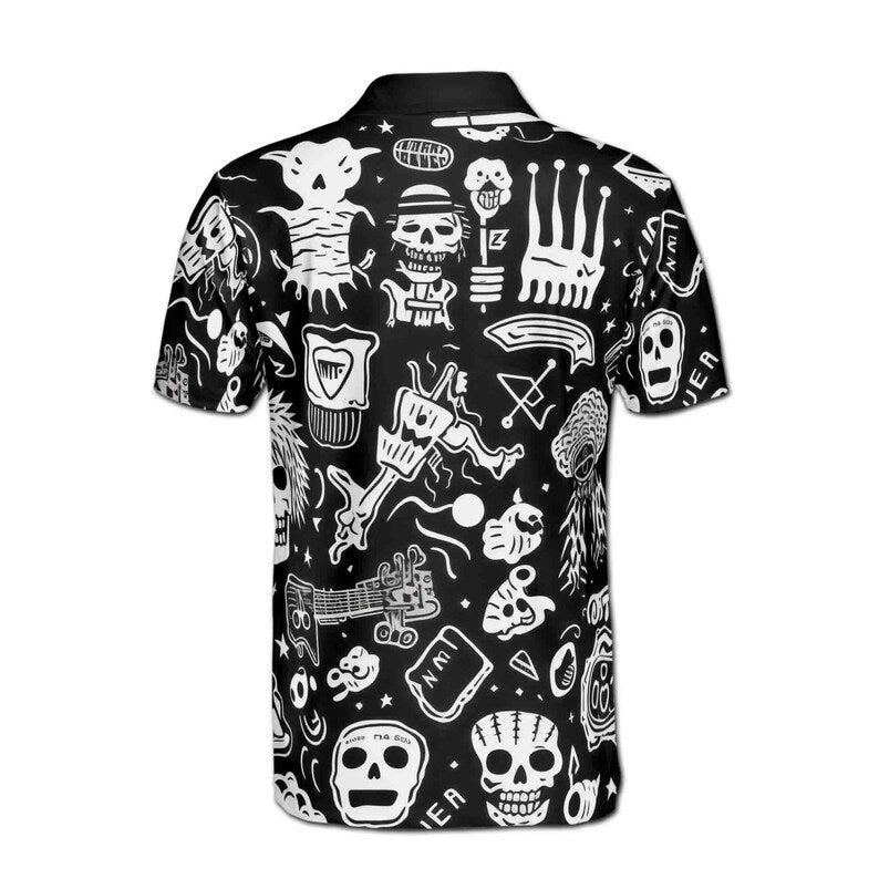 Funny Skull Punk Stuff Black White 3D Polo Shirt