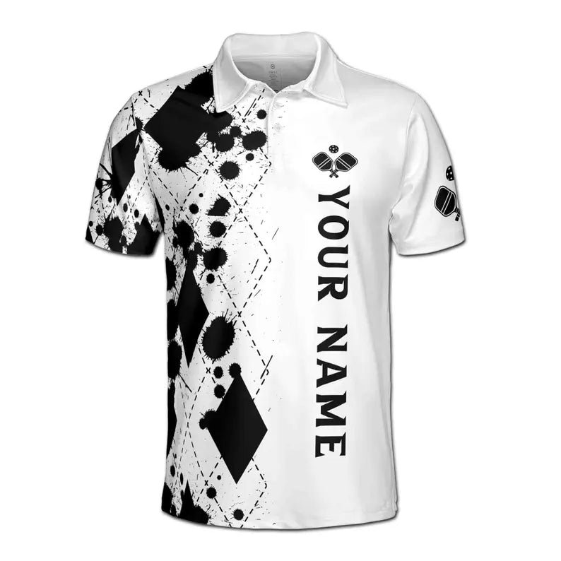 Customize Name Pickleball Paddle Ink Drop White Black 3D Men's Polo Shirt