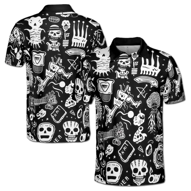 Funny Skull Punk Stuff Black White 3D Polo Shirt