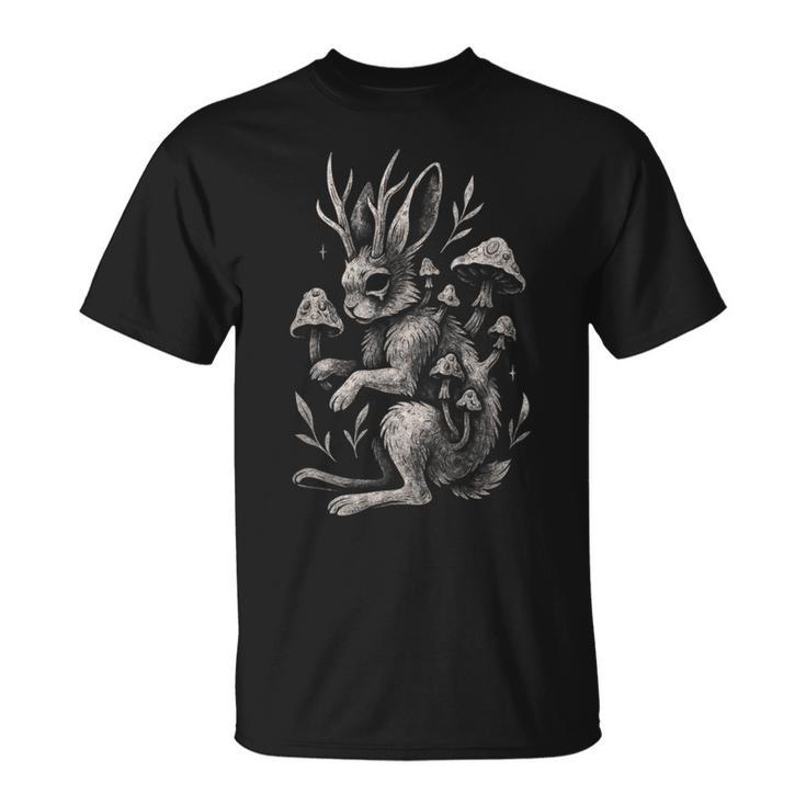 Jackalope Mushroom Bunny Rabbit Dark Fairycore Forest Horror T-Shirt