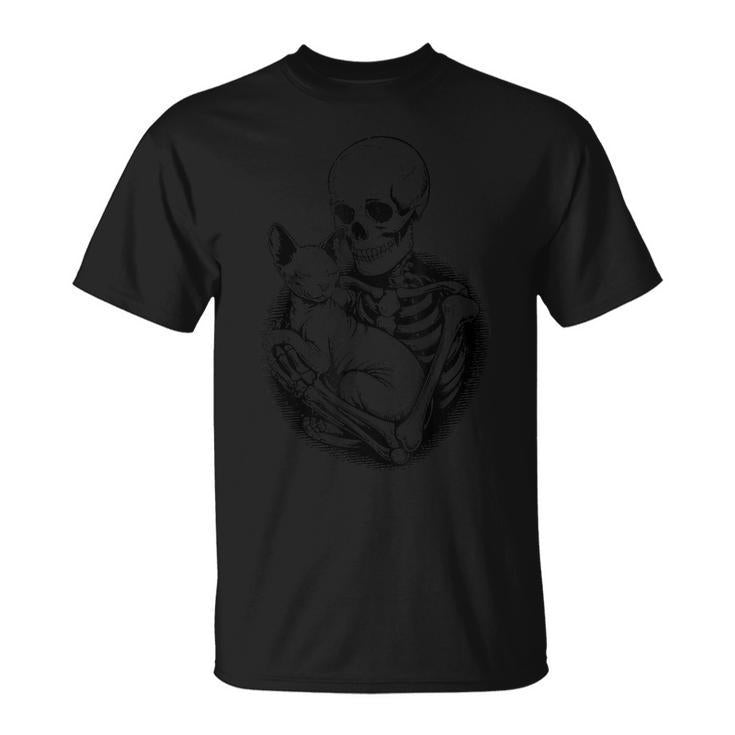 Skeleton Hugging Sphynx Cat Halloween Mom Dad Vintage T-Shirt
