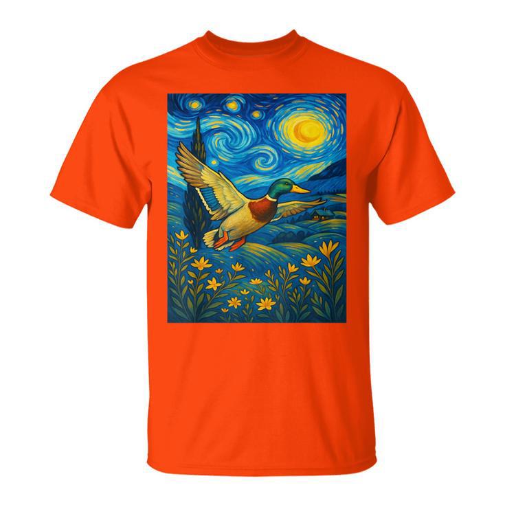 Starry Night Mallard Duck Van Gogh Style Hunting Farmer Farm T-Shirt