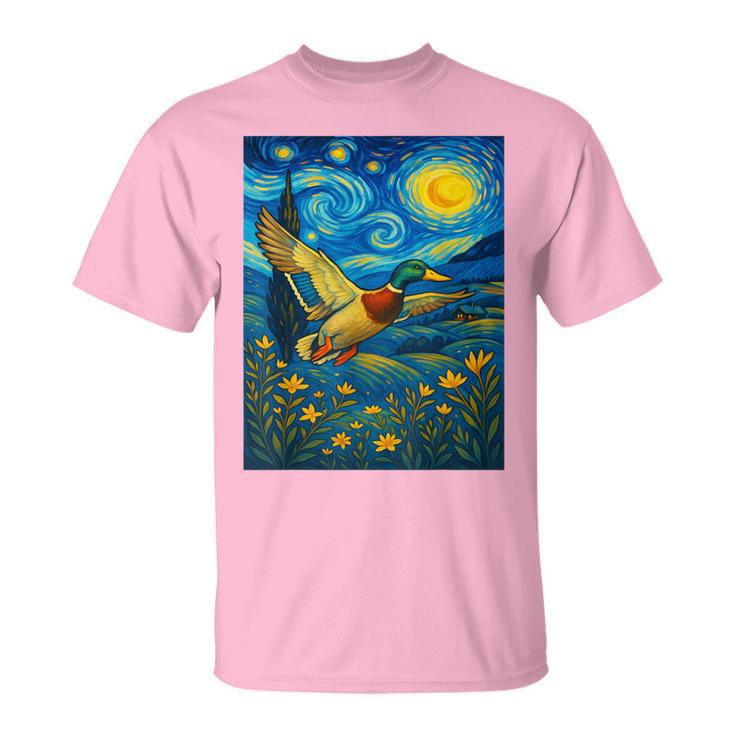 Starry Night Mallard Duck Van Gogh Style Hunting Farmer Farm T-Shirt