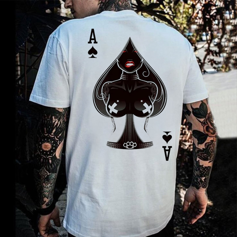 Poker A The Queen of Spades Sexy Nun White Print T-shirt