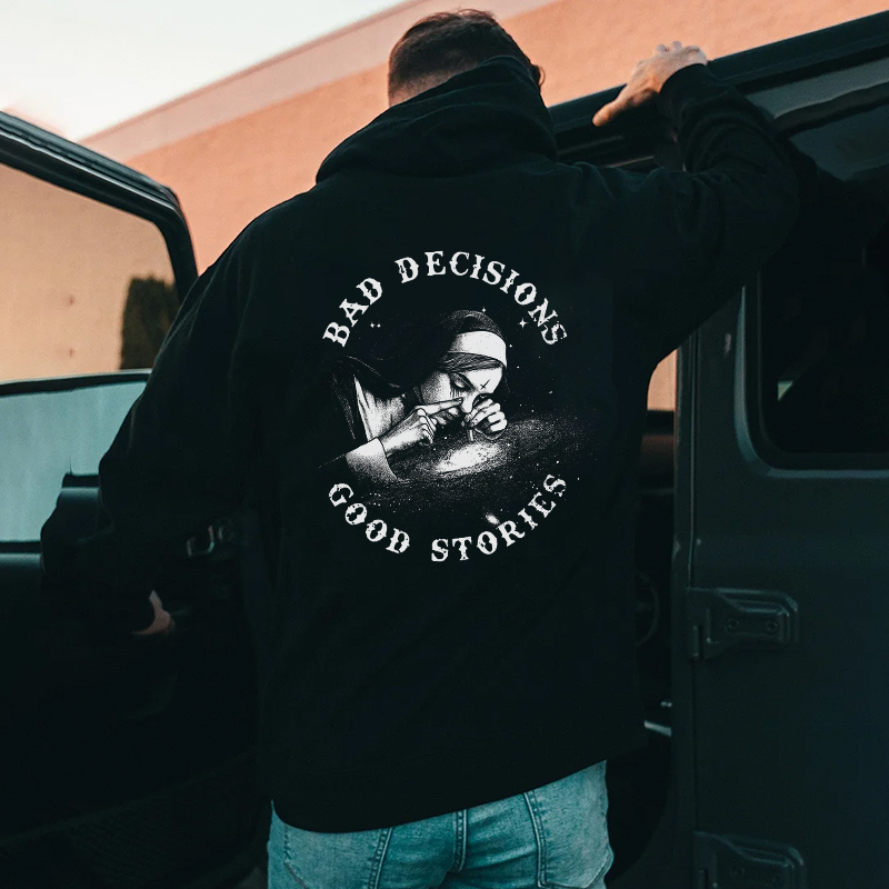 BAD DECISIONS GOOD STORIES Nun Black Print Hoodie