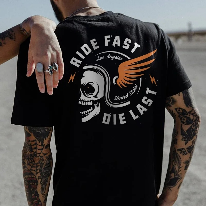 RIDE FAST DIE LAST Crazy Skull with a wings helmet Black Print T-shirt