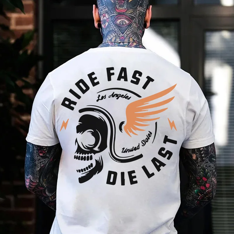 RIDE FAST DIE LAST Crazy Skull with a wings helmet Black Print T-shirt