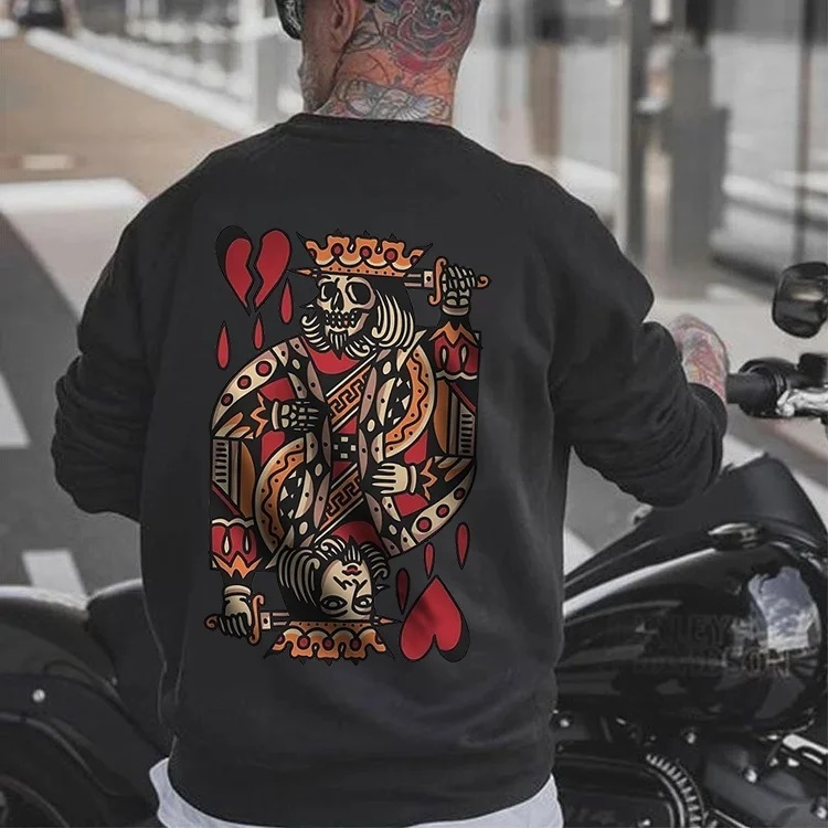 Skeleton Poker King Streetwear Casual Black Print Sweatshirt
