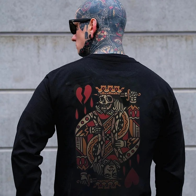 Skeleton Poker King Streetwear Casual Black Print Sweatshirt