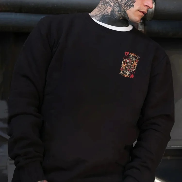 Skeleton Poker King Streetwear Casual Black Print Sweatshirt