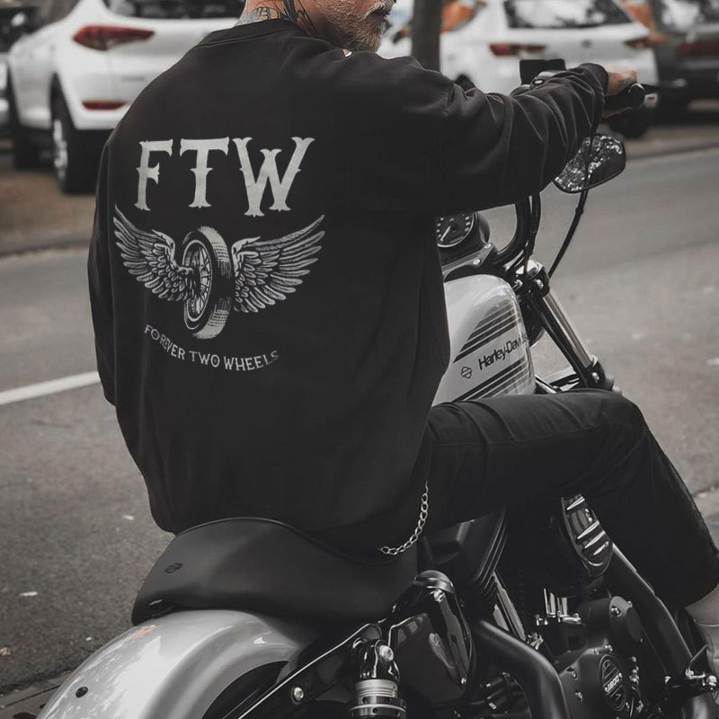 FTW FOREVER TWO WHEELS Angel Wings Graphic Black Print Sweatshirt