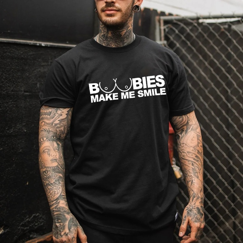 BOOBIES MAKE ME SMILE Graphic Black Print T-shirt