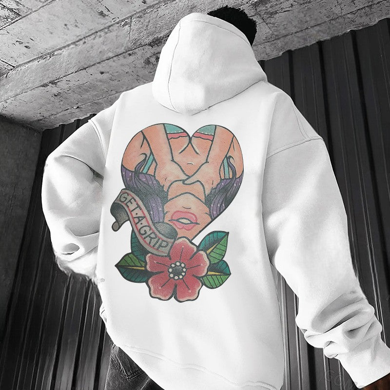 GET A GRIP Sexy Lady with Flowers Black Print Hoodie