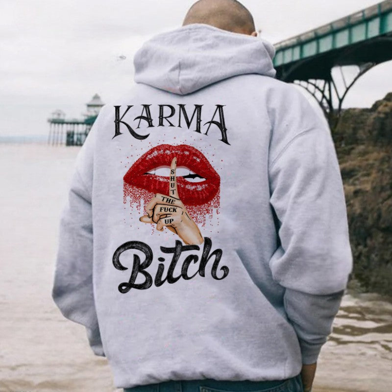 KARMA IS A BITCH Shut The F*ck Red Lips Print Men's Hoodie