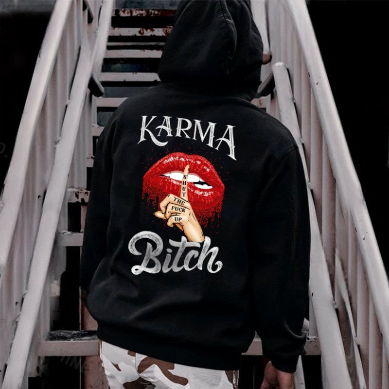 KARMA IS A BITCH Shut The F*ck Red Lips Print Men's Hoodie