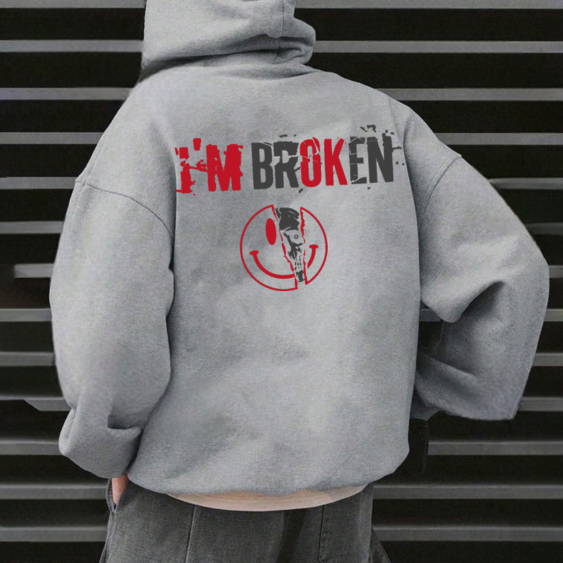 I’M BROKEN Smiling Face Graphic Casual Black Print Hoodie