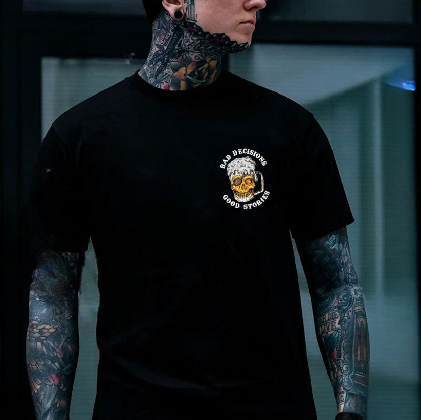 BAD DECISIONS GOOD STORIES Black Print T-Shirt