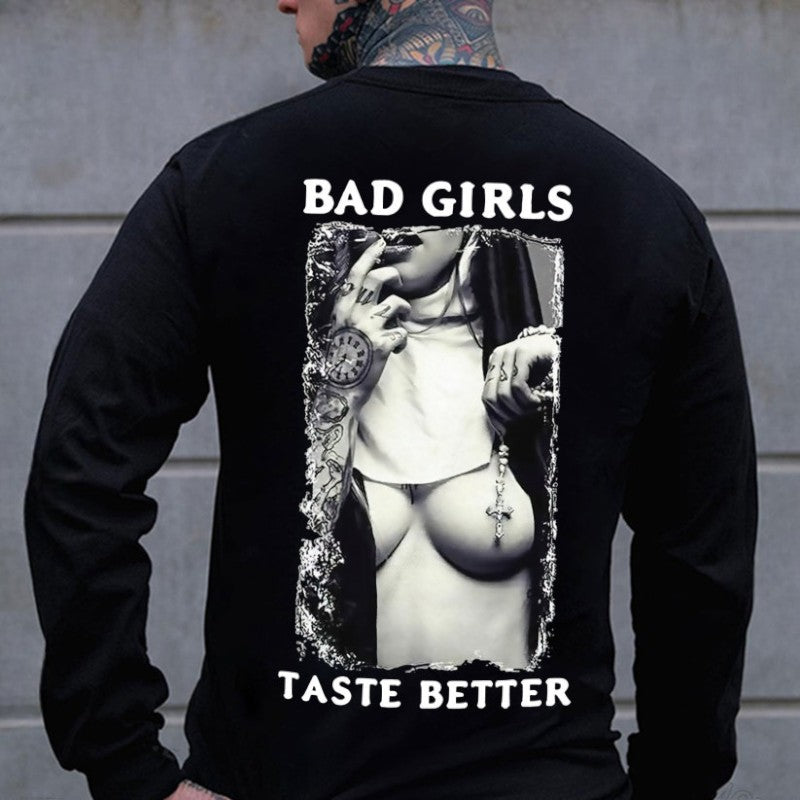 BAD GIRLS TASTE BETTER Sexy Naked Nun Print Men's Sweatshirt