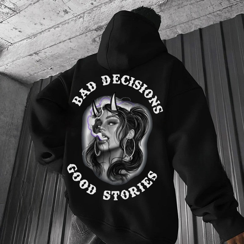 BAD DECISIONS GOOD STORIES Smoking Devil Girl Print Men's Hoodie