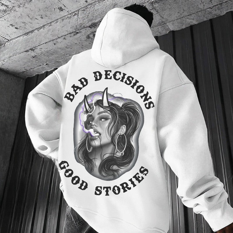 BAD DECISIONS GOOD STORIES Smoking Devil Girl Print Men's Hoodie
